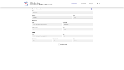 **MatchID Advanced Death Records Search Interface**

This webpage represents an advanced search inte
