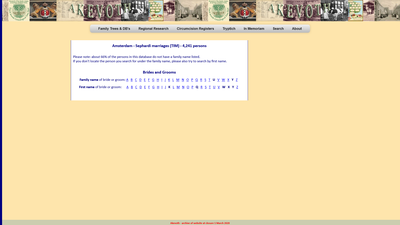 This webpage serves as a specialized genealogical database focused on Amsterdam's Sephardic Jewish c