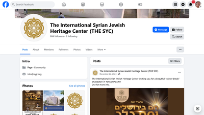 This Facebook page represents The International Syrian Jewish Heritage Center (The SYC), an organiza